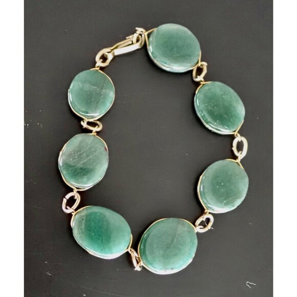 Green Aventurine Necklace & Matching Bracelet Stone Disk Gold Tone Wire Links - Picture 4 of 16